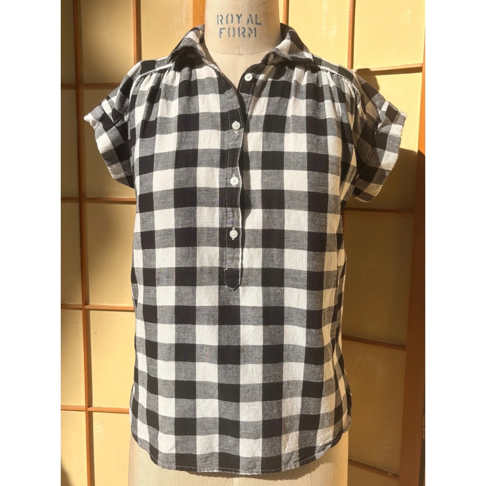 Gingham Linen Blend Top Black White Buffalo Check XS by LOFT